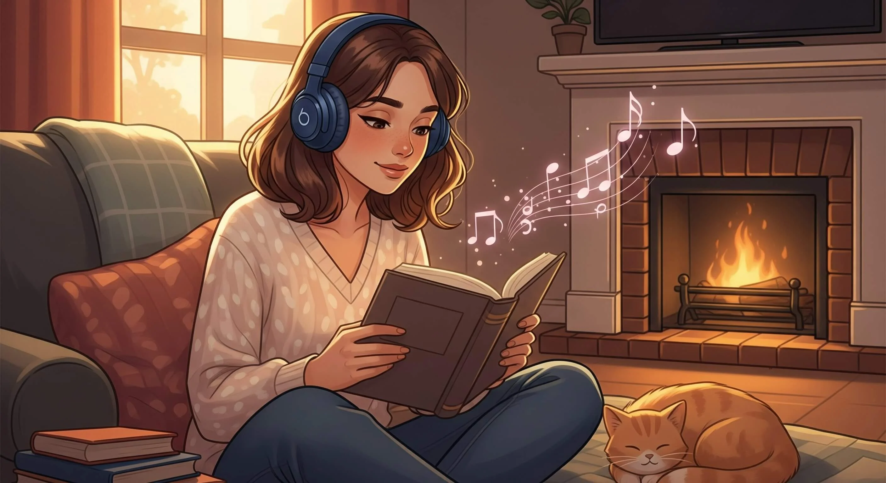 Person reading a book with headphones in a cozy setting