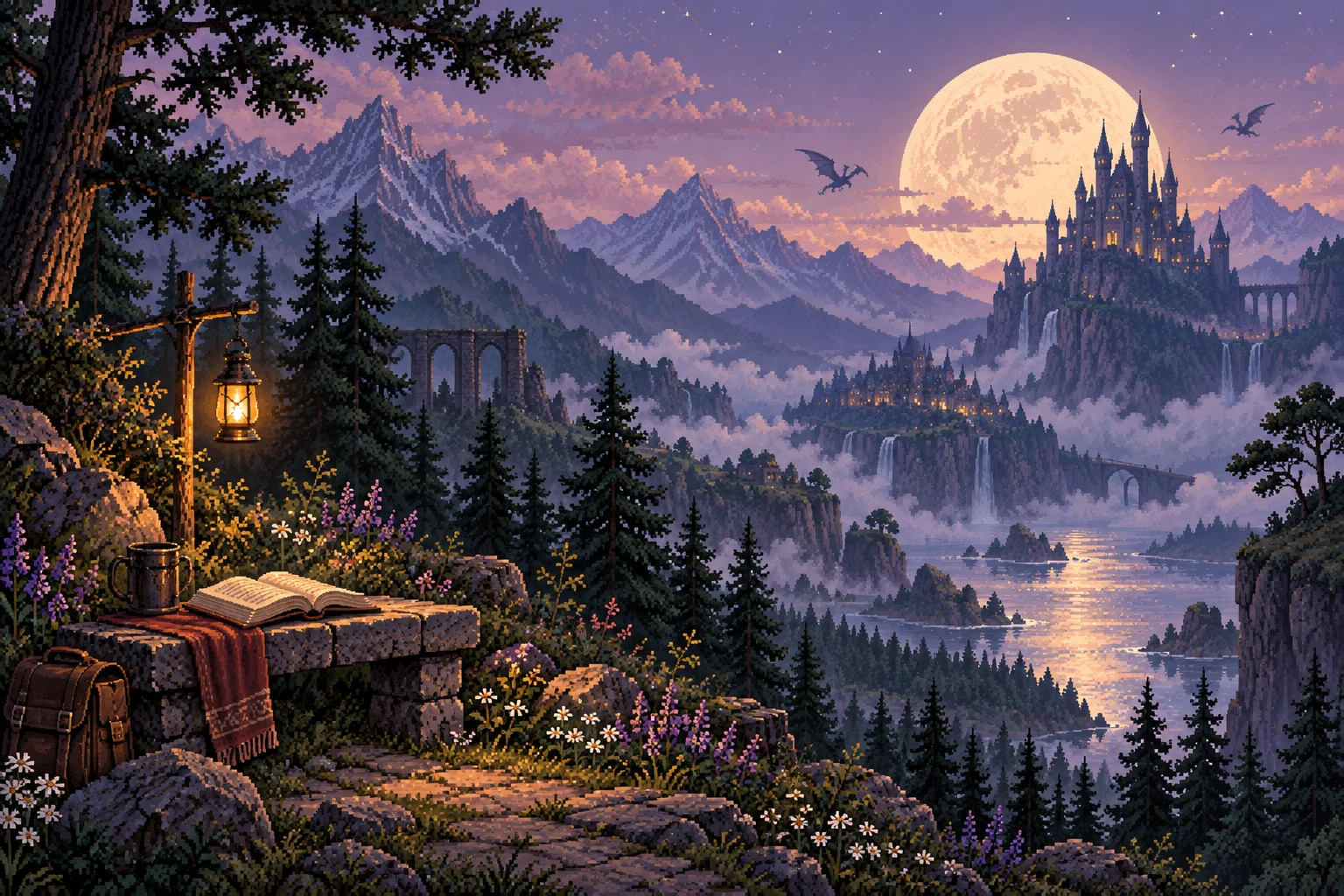 A moonlit castle above a misty fantasy valley