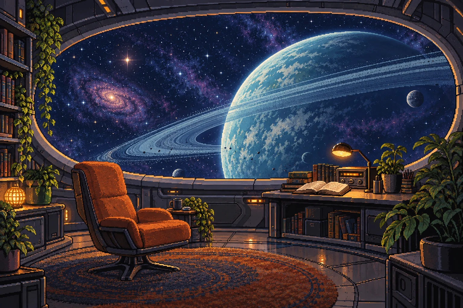 A peaceful reading deck overlooking a ringed planet