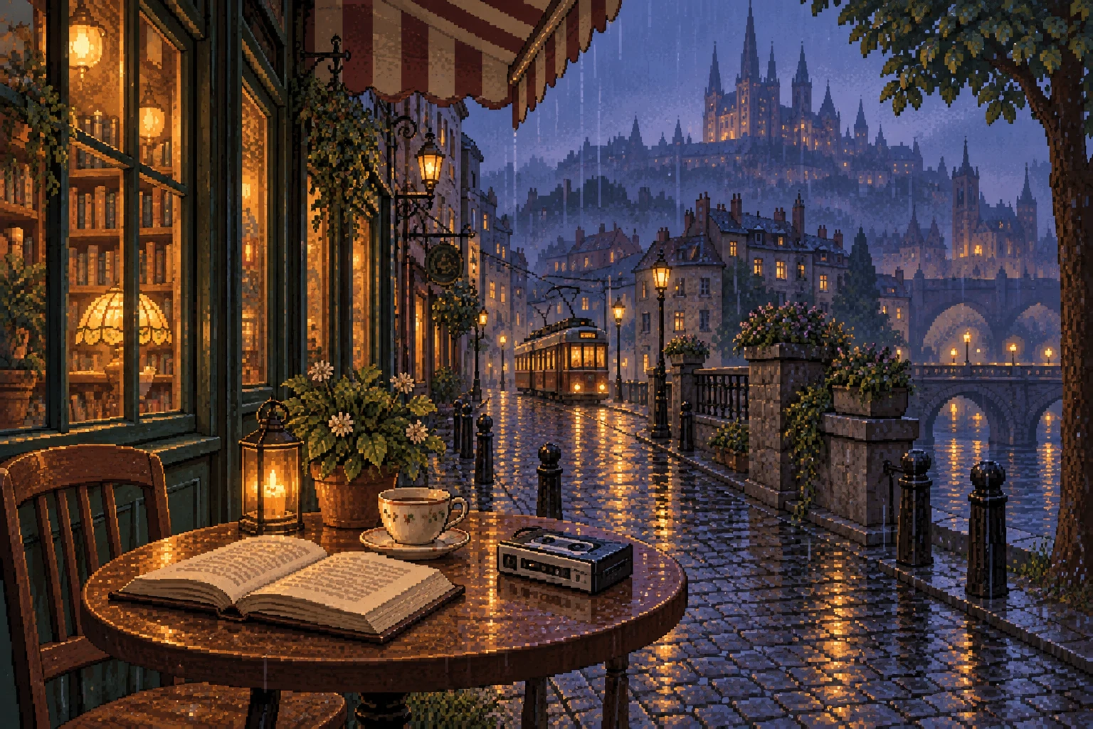 A rainy bookshop street glowing with amber lights