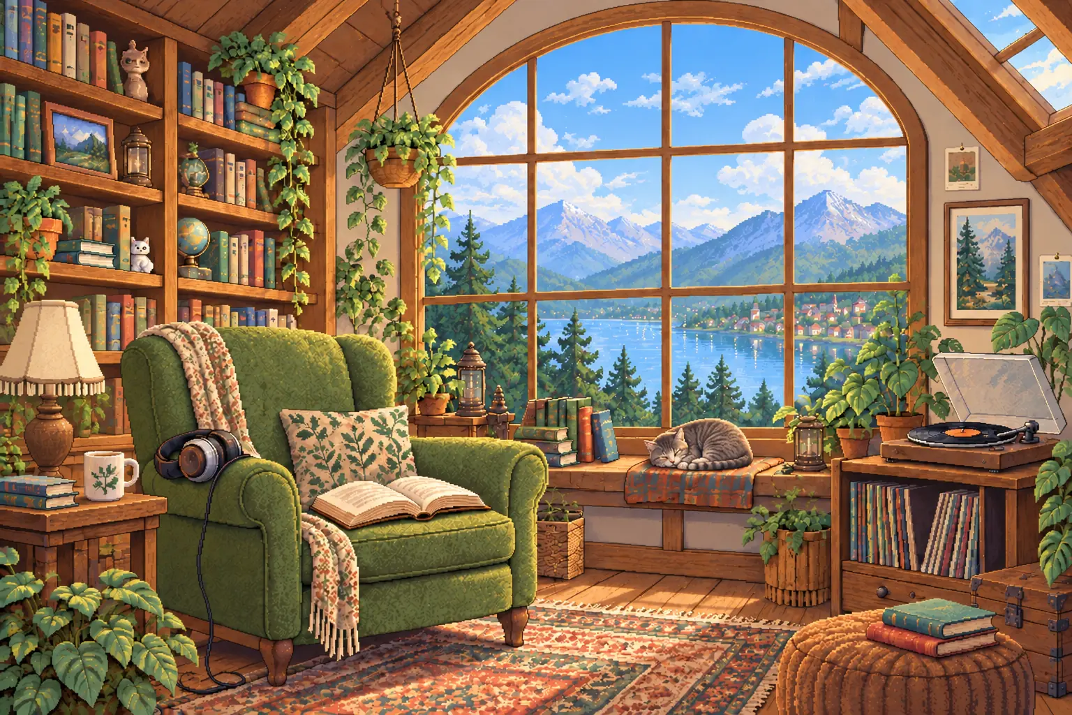 A sunlit attic reading room with a green armchair, full shelves, a record player and mountains beyond the arched window