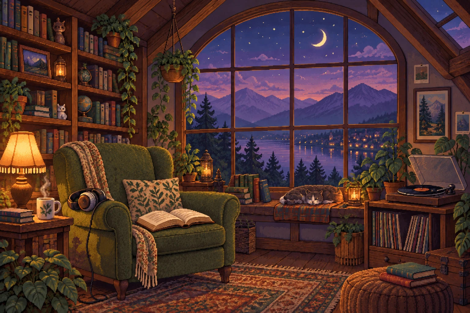 A cozy pixel-art reading nook with books, headphones, a record player and warm lamplight beneath a starry window.