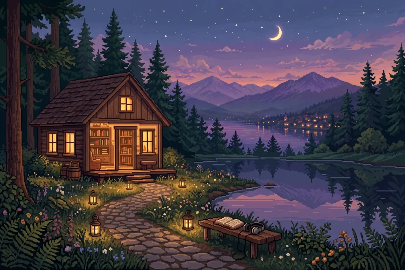 A lantern-lit woodland library beside a quiet lake, illustrated in cozy retro pixel art.