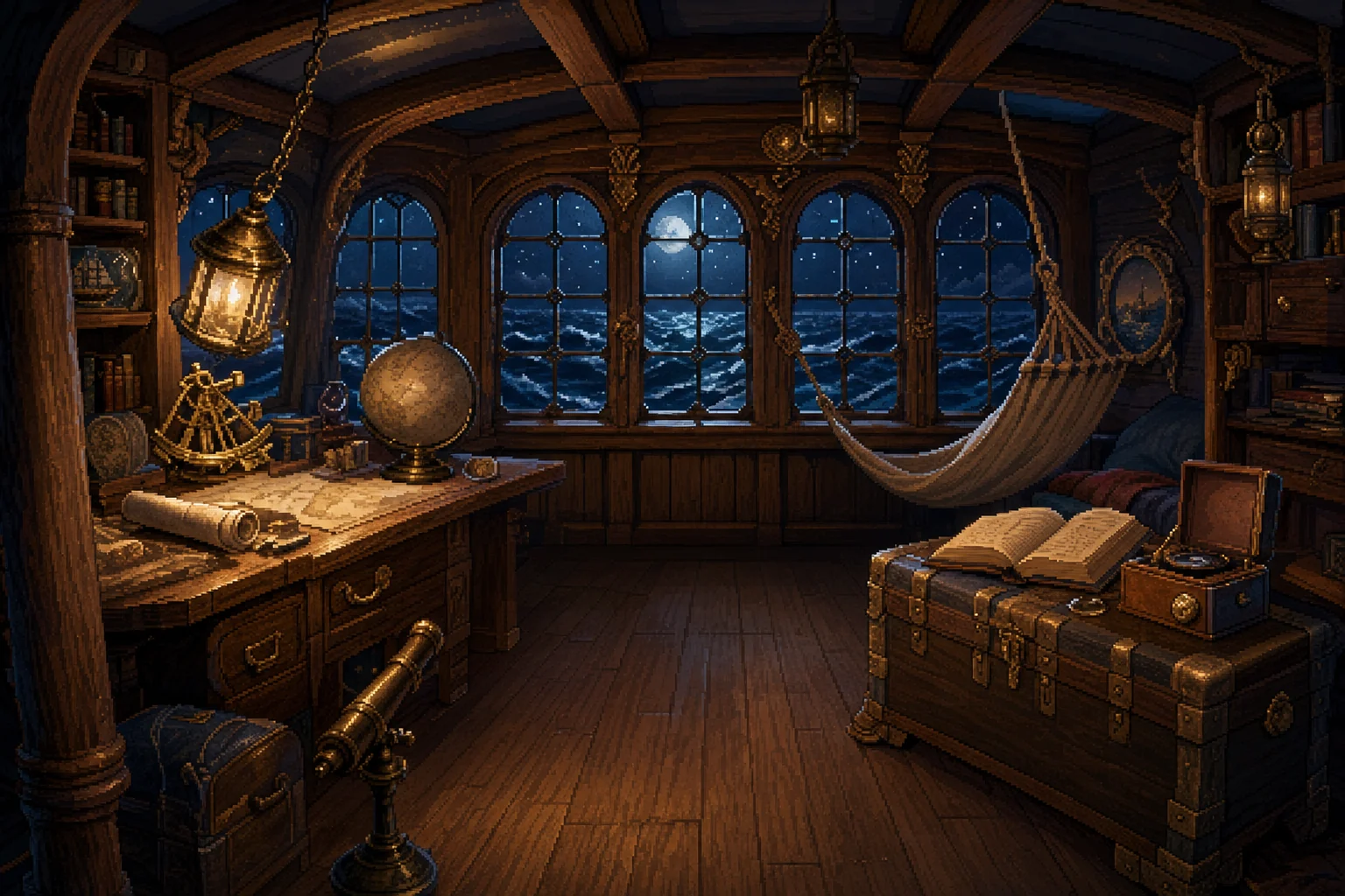 A wooden ship's stern cabin at night, with a swinging lantern, brass instruments and moonlit waves beyond the windows