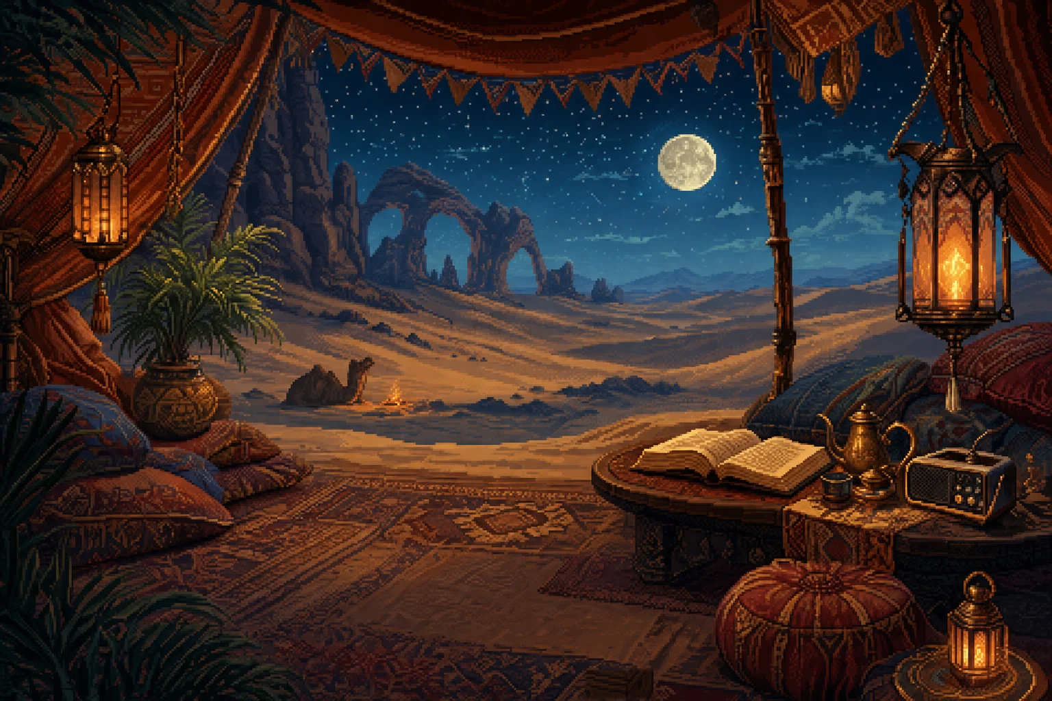 A caravan tent open to moonlit dunes and a sky full of stars, with lanterns, rugs and an open book on a low table