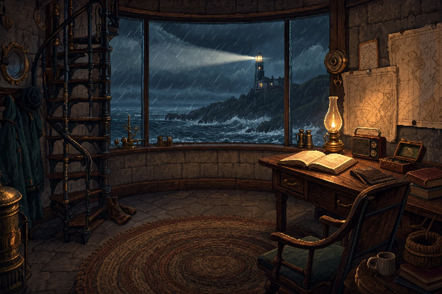 A lighthouse keeper's study high above a stormy sea at night, rain on the windows and the great lamp turning overhead