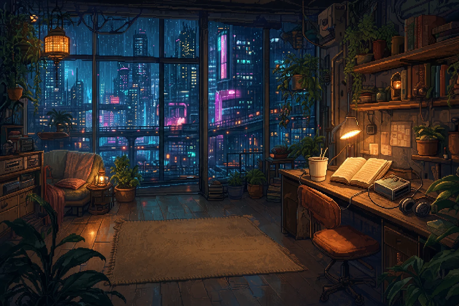 A loft above a rain-soaked future city at night, with glowing towers, plants and an open book under a warm desk lamp