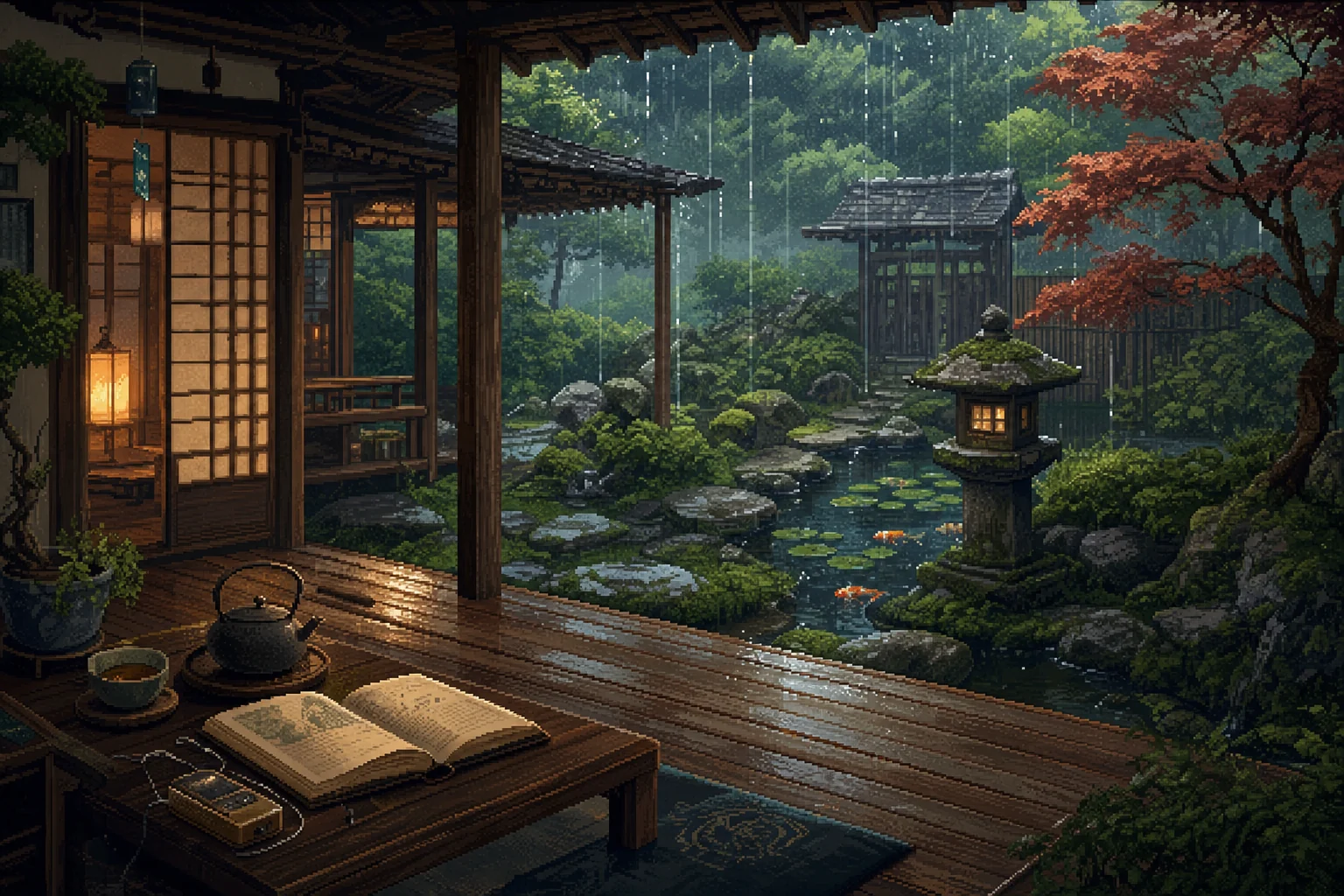 A tea house veranda opening onto a moss garden in soft rain, with a stone lantern, koi pond and an open book beside a teapot