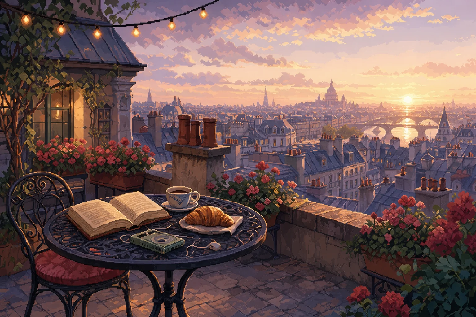 A rooftop café terrace above a sleepy old city at sunrise, with string lights, flower boxes and an open book beside a coffee