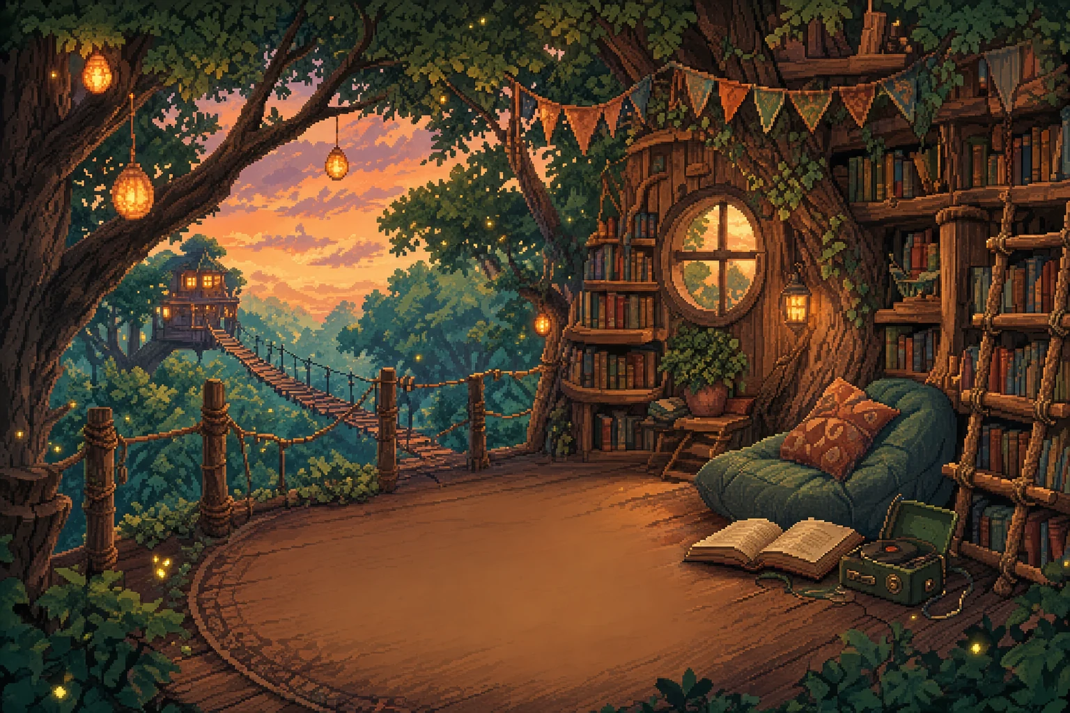 A treehouse reading nook high in a summer forest canopy, with a rope bridge, lanterns and fireflies at dusk