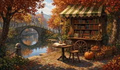 A riverside book cart beneath copper autumn trees, beside an arched bridge and a reading table