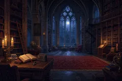 A vaulted gothic library by candlelight, with tall arched windows, an iron spiral stair and moonlight on old shelves