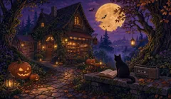 A woodland bookshop with a winding pumpkin-lit path, bats, a black cat and a large harvest moon