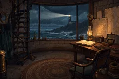 A lighthouse keeper's study high above a stormy sea at night, rain on the windows and the great lamp turning overhead