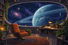 A peaceful reading deck overlooking a ringed planet, with an open book on a small desk