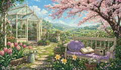 A glasshouse garden with cherry blossoms, tulips and an open book on a garden bench