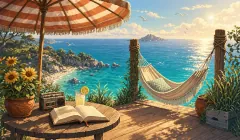 A seaside reading deck with a striped parasol, hammock, lemonade and a sunlit sea
