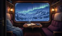 A sleeper-train reading compartment with warm lamps and a panoramic view of snowy mountains beneath an aurora