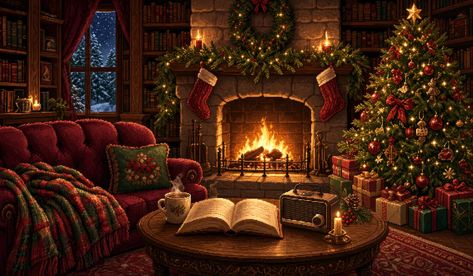 A pixel-art fireside reading nook with a decorated Christmas tree and snow outside the window